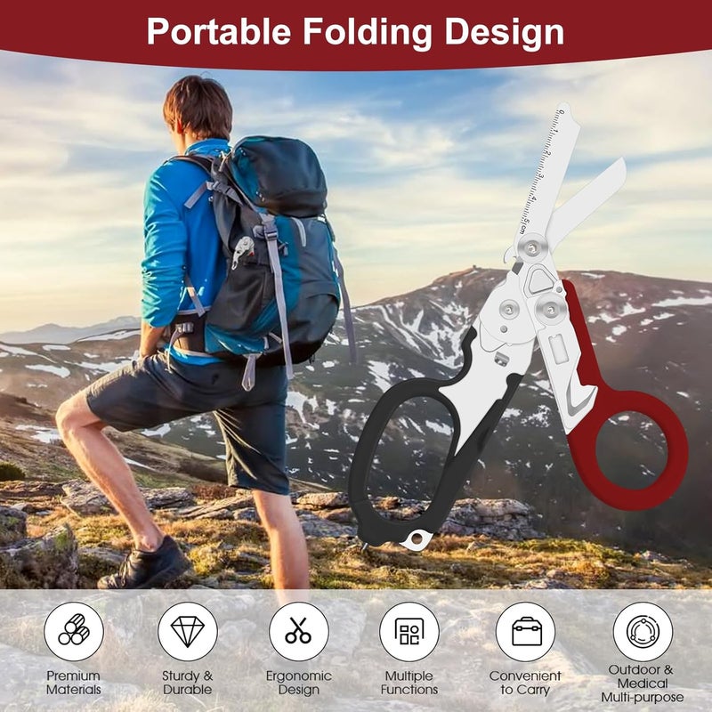 Lemasa 6 in 1 Multifunctional Combination Tool, Folding Retractable Emergency Shears, Outdoor Camping Tools, Seat Belt Cutter, Oxygen Cylinder Wrench, Complimentary Adjustable Wrench (dark red) - Image 4